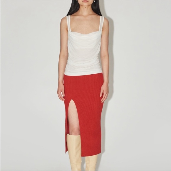 Uncle Studios Red Knit Ribbed Long Slit Midi Skirt - Picture 1 of 6